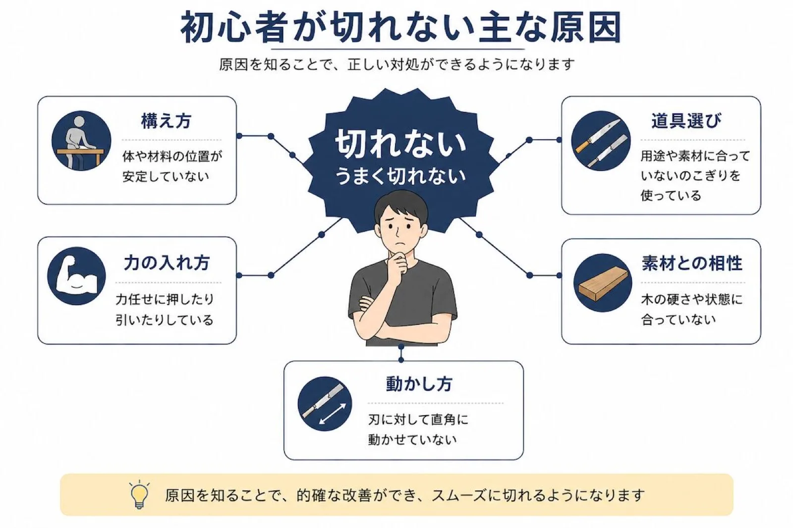 初心者がのこぎりで切れない原因を整理した図
