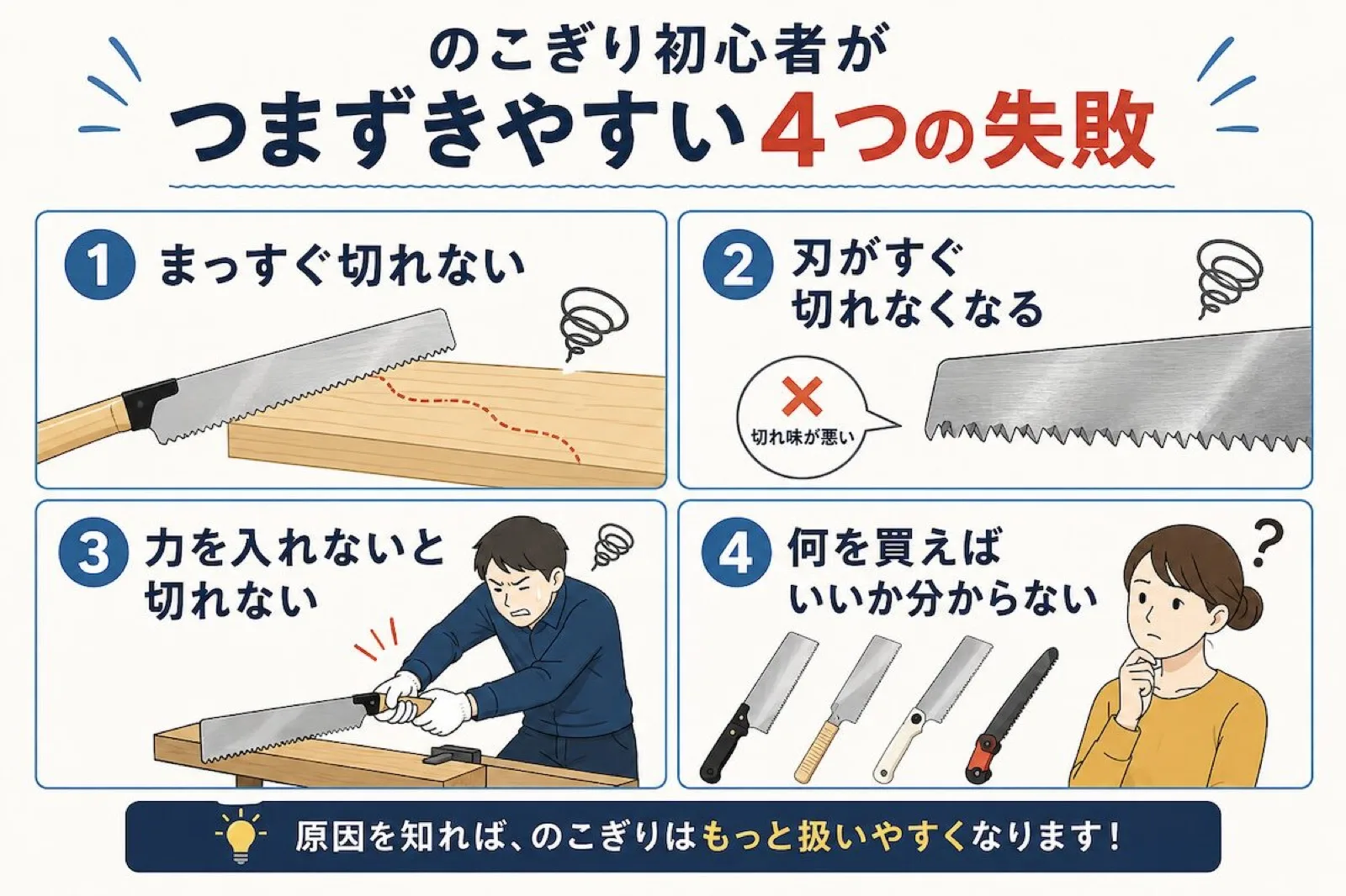 のこぎり 初心者|よくある失敗例と原因|うまく切れない理由を知れば上達は早い