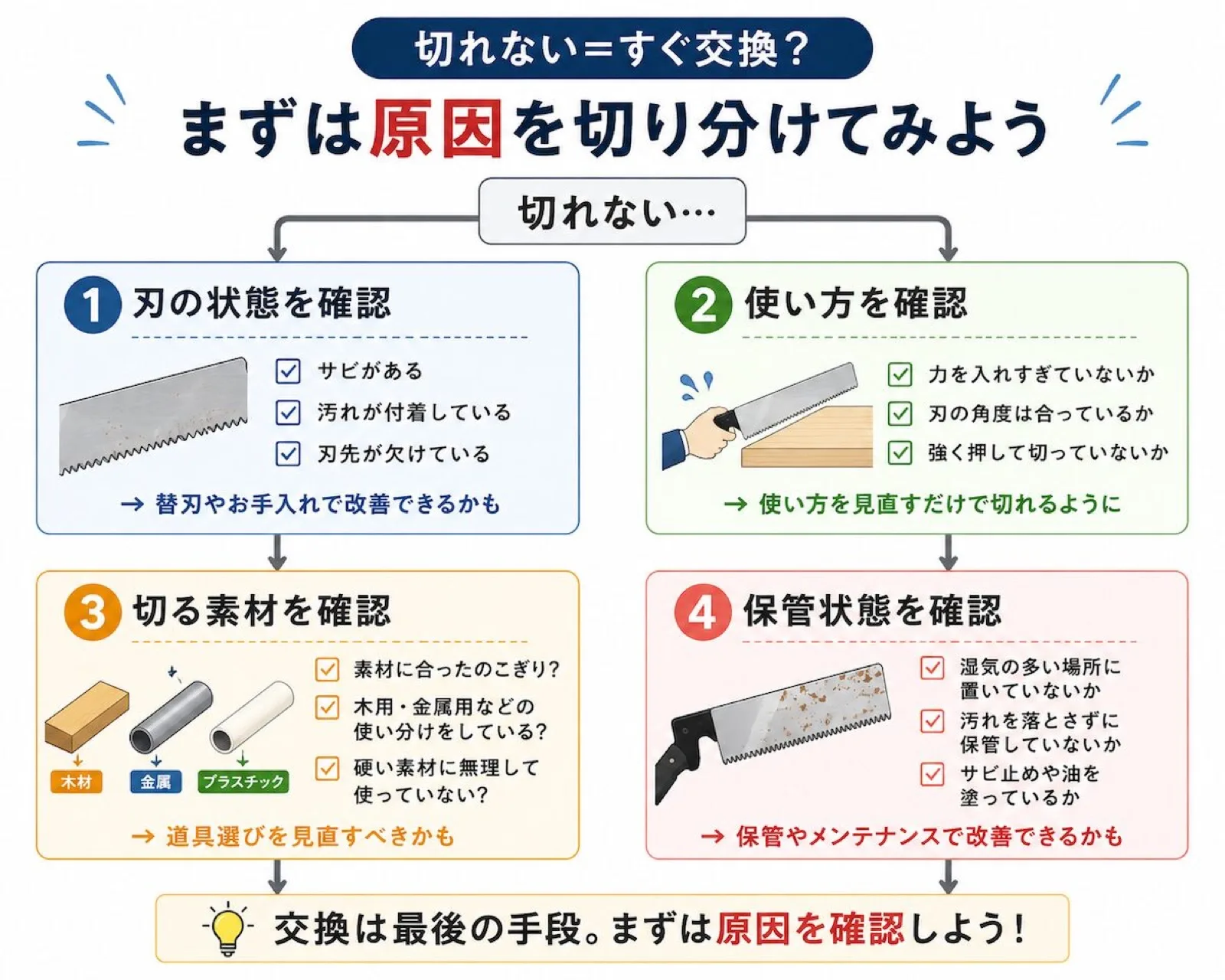 のこぎりが切れない原因を切り分ける図