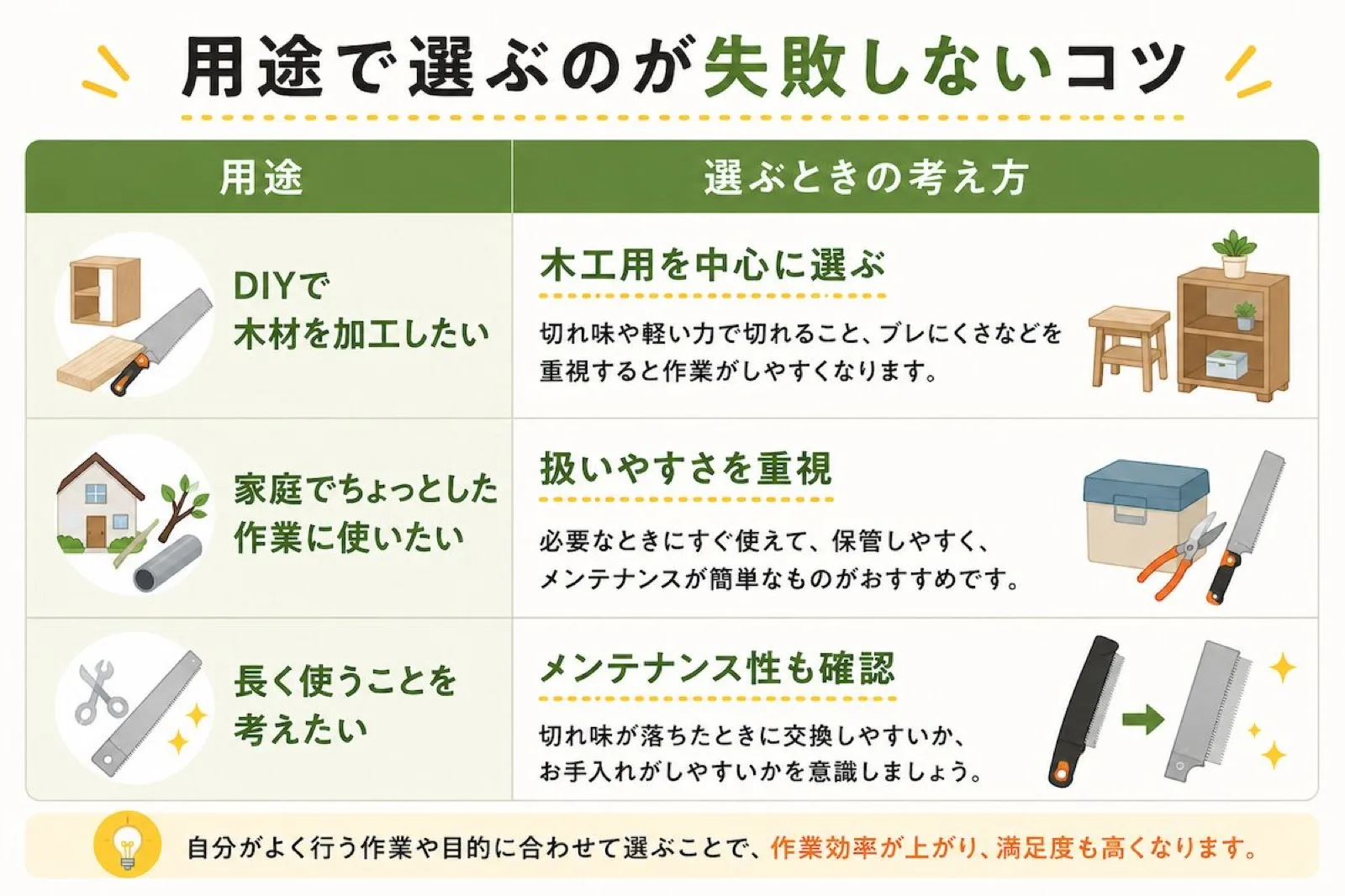 用途別に初心者向けのこぎりの選び方をまとめた図