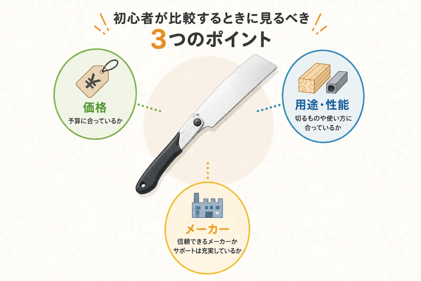 のこぎりを比較するときに見る3つのポイントのイメージ図