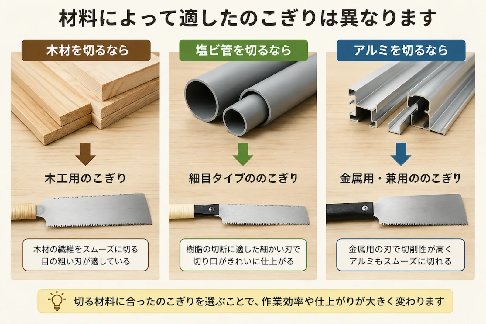 のこぎり比較|木材・塩ビ管・アルミなど切る材料別の選び方